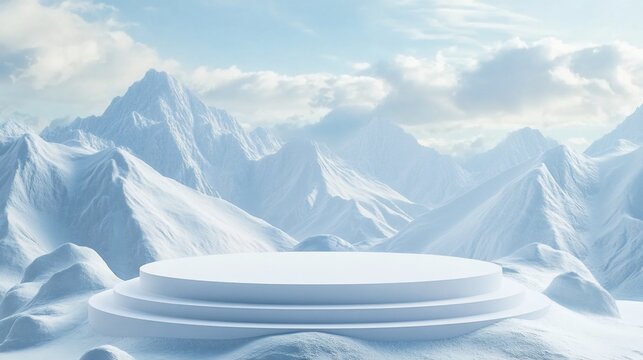Snowy mountain backdrop with a white podium