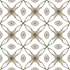 Minimalist seamless floral pattern with ethnic-inspired symmetry. Hand-drawn brown elements on a white base, suitable for textiles, wallpapers, packaging, and creative backgrounds.