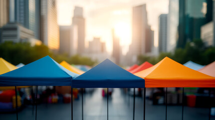 Colorful market tents set up in an urban environment with a blurred city skyline and warm sunlight in the background.