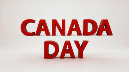 Red 3D text spelling 'CANADA DAY' on a white background. The letters are bold and prominent, emphasizing the celebration of Canada Day.