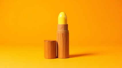 Natural Yellow Lip Balm in Eco-friendly Wooden Tube on Vibrant Orange Background