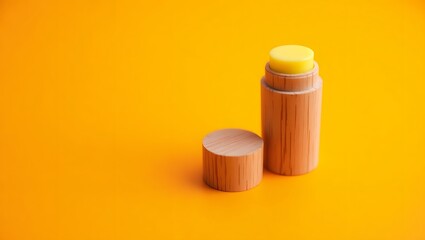 Natural Yellow Lip Balm in Eco-friendly Wooden Tube on Vibrant Orange Background