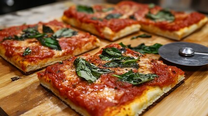 Delicious Sicilian Pizza Slices Freshly Baked Topped with Basil Leaves