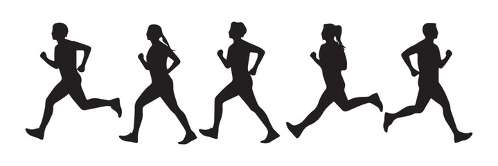 Running man and woman black silhouette isolated vector illustration. Running couple, jogging couple.