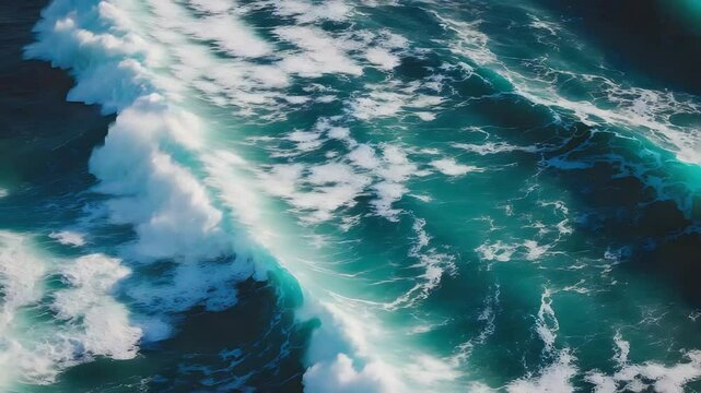 Aerial view of powerful turquoise ocean waves crashing with white sea foam across deep blue water during a bright and windy coastal day

