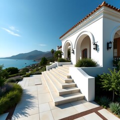 Elegant White Mediterranean Villa with Lush Garden and Coastal View