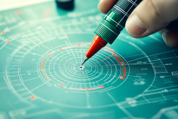 A hand holding a mechanical pencil draws precise technical blueprints with circular and linear design elements on a teal drafting sheet.
