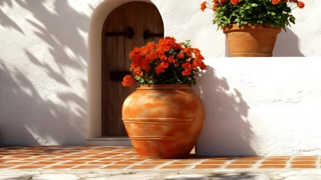 A terracotta planter filled with orange flowers sits in front of a whitewashed archway with a wooden door.  Sunlight casts shadows on the walls
