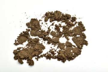 A handful of soil from the garden on a white background.