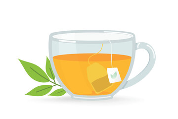 Tea glass cup with tea bag and green tea. Hot drink in vector cartoon flat style. Isolated on white background. Perfect for beverage, cafe, relaxation, and healthy lifestyle designs