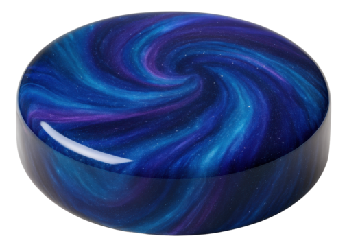 A round container with a swirling galaxy pattern in blue and purple colors, resembling a celestial design, on transparent background.