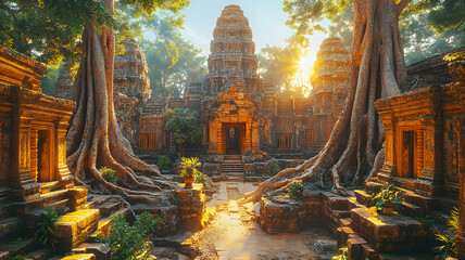 Ancient temple ta prohm angkor wat cambodia sunrise