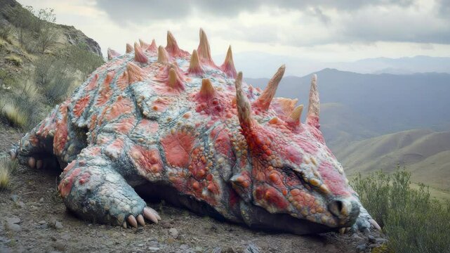 A large dinosaur sculpture on a mountain side
