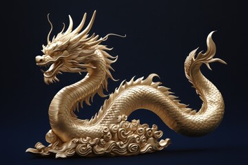 Fototapeta premium Golden dragon sculpture on dark background.
