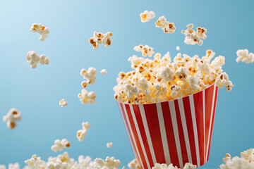 Popcorn flying out of a red and white striped container against a bright blue background