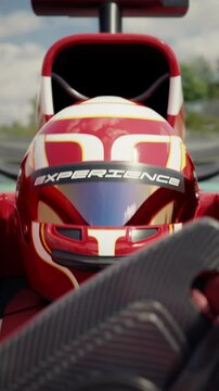 Extreme close-up of a race car driver driving along the race track wearing a protective helmet with experience slogan. 3d animation rendering