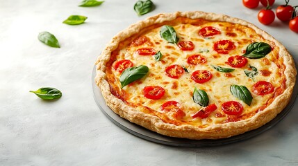 Delicious Homemade Pizza with Fresh Tomatoes Basil and Mozzarella Cheese A tempting culinary delight perfect for food blogs and restaurant menus