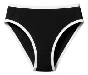 Black bikini bottom with white trim design on transparent background.