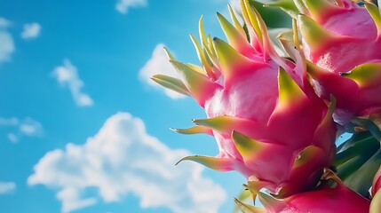 Vibrant Dragon Fruit Blossoms under a Sunny Sky Tropical Plants Fruit Farming Agriculture Freshness Nature