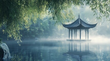 A serene Chinese garden in watercolor style, featuring a traditional pavilion standing gracefully in the middle of a calm pond, surrounded by dense bamboo groves. Soft morning.