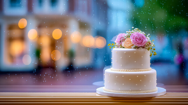 Elegant wedding cake with roses on display in a cozy storefront. Raindrops create a romantic atmosphere against the window. Concept of bakeries, wedding planning, celebrations