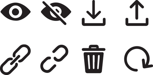 Essential UI Action Icon Set – Eye, Download, Upload, Link, Trash & Restore Symbols