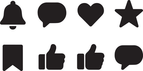 Social Media Interaction Icon Set – Bell, Chat, Heart, Comment, Like & Bookmark Icons