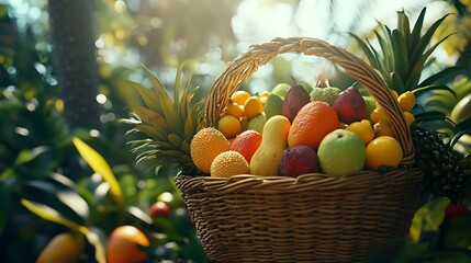 Lush Tropical Fruit Basket Overflowing with Mangoes Pineapples and Exotic Delights in a Sunny Garden Setting