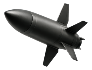 Black military-style missile with four fins and aerodynamic shape on transparent background.