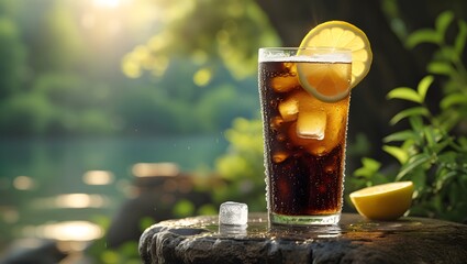 Refreshing Glass of Cola with Ice and Lemon in Natural Outdoor Setting