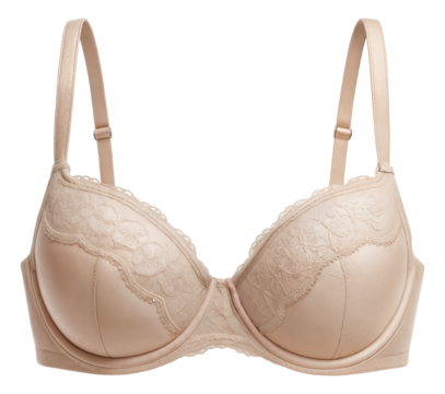Elegant beige lace bra with adjustable straps featuring floral embroidery on transparent background.