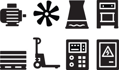 Factory Equipment Vector Set – Motor, Fan Blade, Cooling Tower, Pallet, Hydraulic & Control Panels