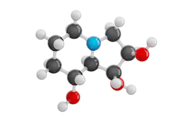 Swainsonine molecule isolated on transparent background. Detailed 3D model. Molecular formula: C8H15NO3. Chemical model: Ball and Stick. 3D illustration.