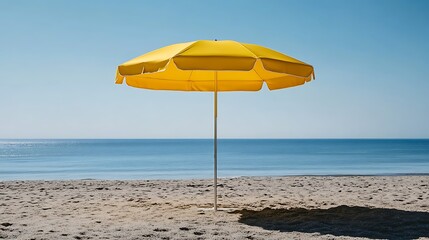 Sunny Beach Umbrella Paradise: Vibrant Yellow Shade on Sandy Shore near Calm Ocean Waves