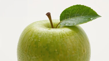 Green granny smith apple with a slice cut out, isolated on a white background.
