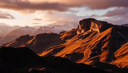 Fototapeta premium Dramatic Mountain Vista at Sunset: Golden Light on Rugged Terrain.