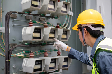 Electrical worker wearing yellow helmet inspects surge counter at substation with transformer...
