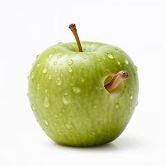 Green apple with a bite taken out of it, isolated on a white background.