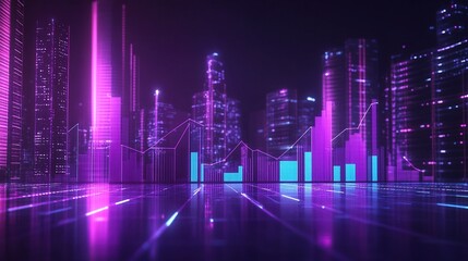 Blue and purple gradient background with financial elements. Bar chart for business or financial data visualization, featuring abstract city skyscrapers and a stock market chart.