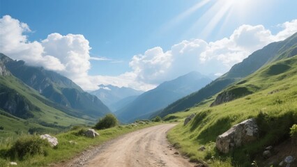Fototapeta premium Winding dirt road through lush green valleys with towering mountains under a bright blue sky