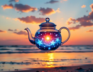 a whimsical scene at sunset. a teapot with a built in light casts a warm glow, illuminating a starry night sky from within