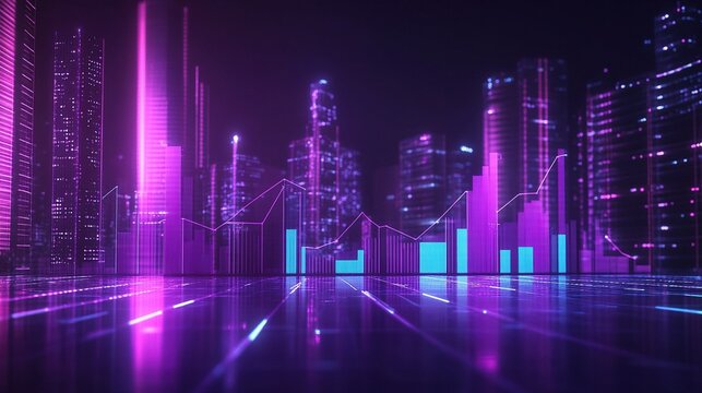 Blue and purple gradient background with financial elements. Bar chart for business or financial data visualization, featuring abstract city skyscrapers and a stock market chart.