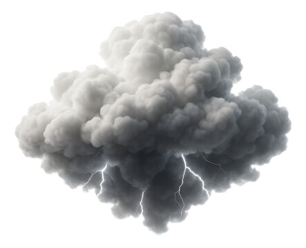 Fototapeta Large fluffy thunderclouds with visible lightning bolts, illustrating a dramatic weather phenomenon on transparent background.