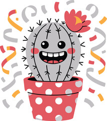 Happy cartoon cactus in a dotted pot celebrating with confetti and ribbons