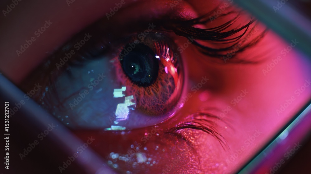 Poster Stylized Eye Reflected in Smartphone Screen With Vibrant Cyberpunk Colors and Minimalistic Right Area Creates a Futuristic and Captivating Visual Experience