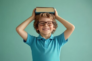 Fototapeta premium Boy with a book on his head smiles brightly.