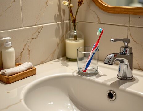 a well lit bathroom features a modern vanity with a white sink, a wooden toothbrush holder that houses one red toothbrush, and a s