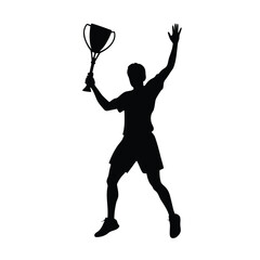  black silhouette of a badminton player  holds a trophy with raised hands