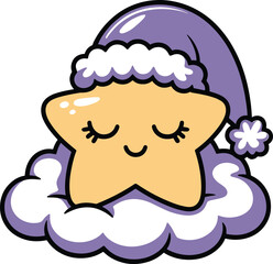 Cute sleeping star cartoon wearing sleep cap and resting on a cloud vector illustration