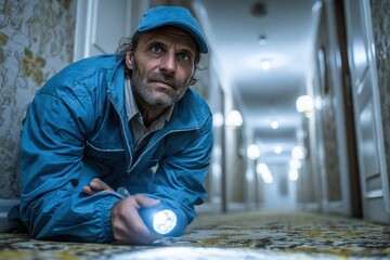 Man in Blue Jacket Searching with Flashlight in Dim Hotel Hallway